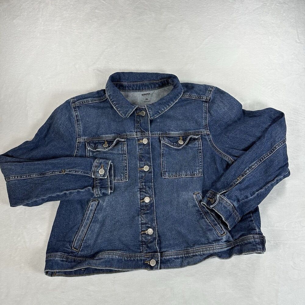 Sonoma Denim Jacket Womens XL Blue Trucker Stretch‎ Cotton Classic Button Front